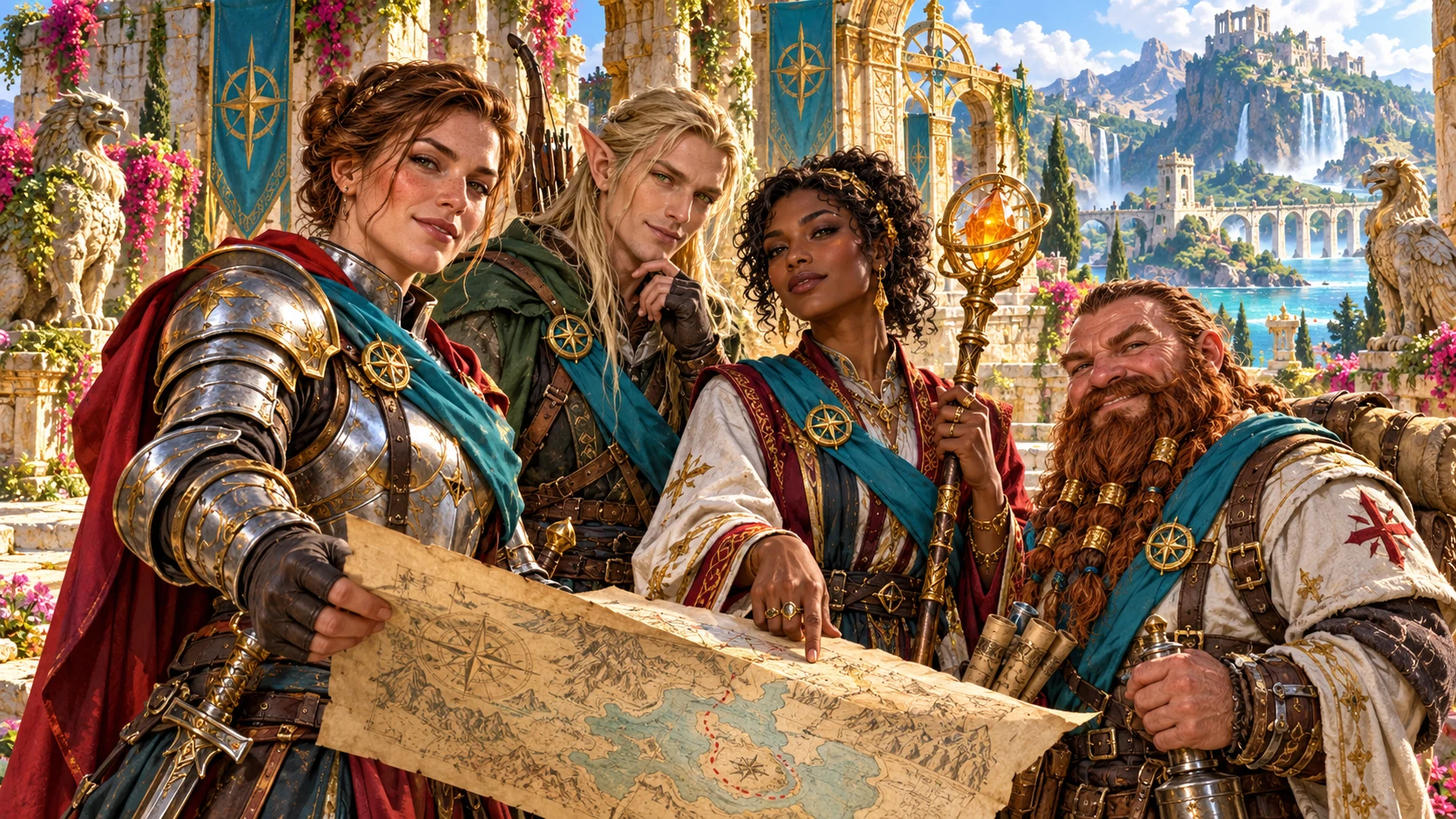 Four adventurers study a shared map beneath matching banners in a city.
