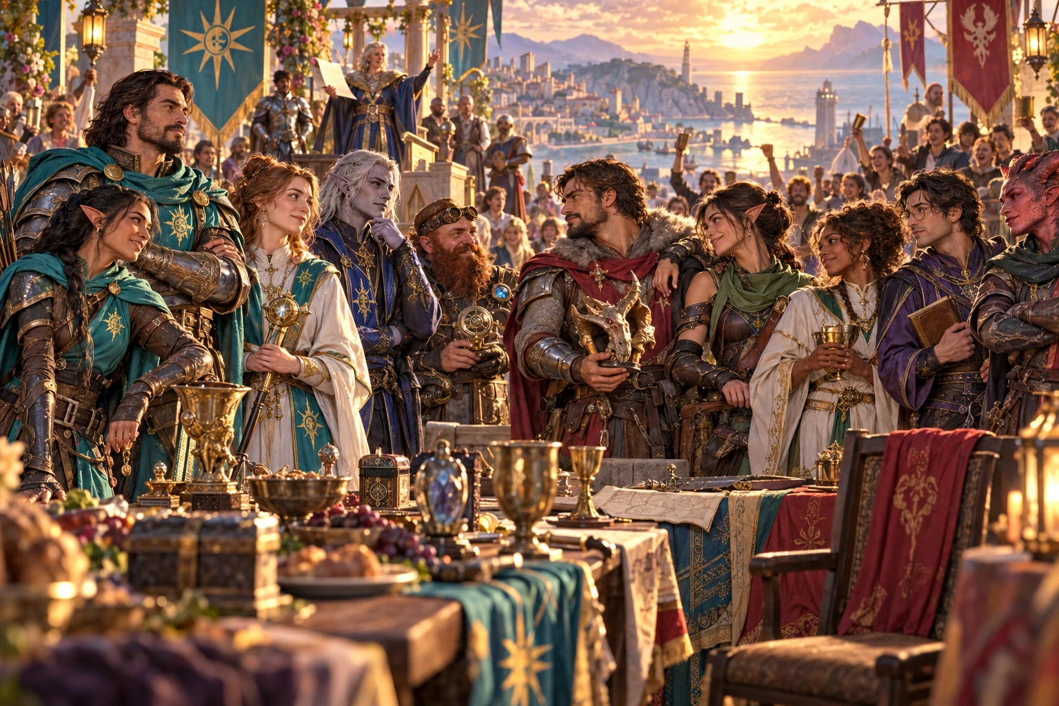 Two adventuring teams meet over maps and trophies at a shared feast.